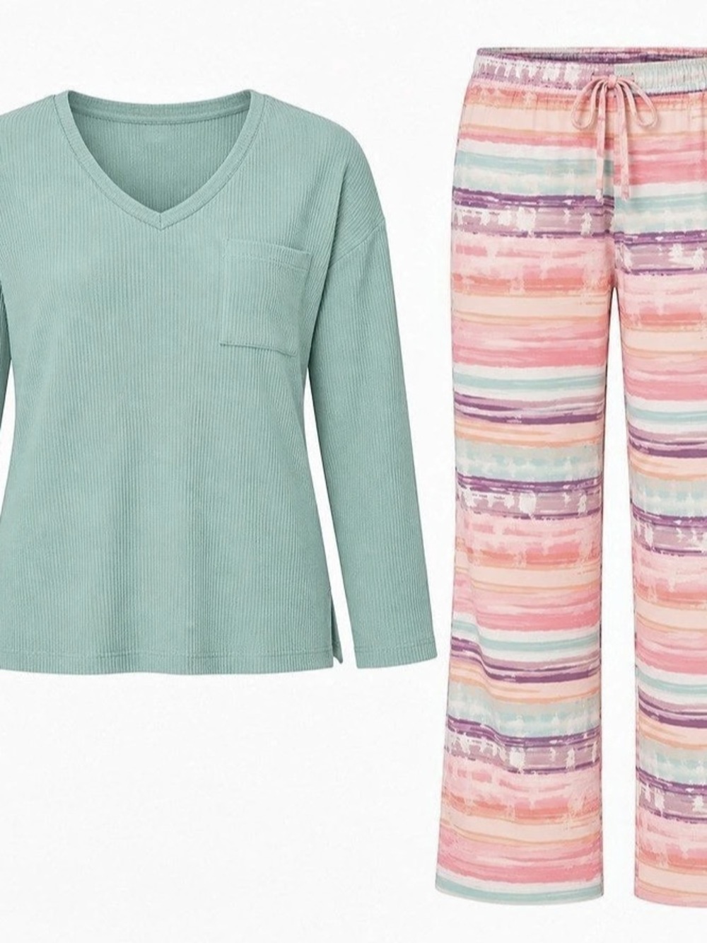 MUK LUKS Ribbed Knit Waffle Loungewear Pajama Set in Green & Pink